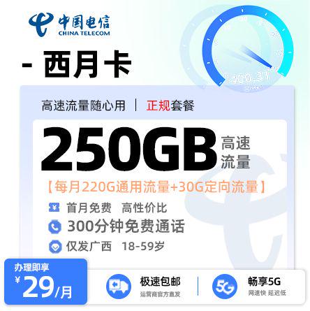 南宁电信西月卡29元享175G通用流量+30G定向流量+300分钟通话