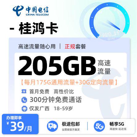 南宁电信桂鸿卡39元享205G流量+300分钟通话